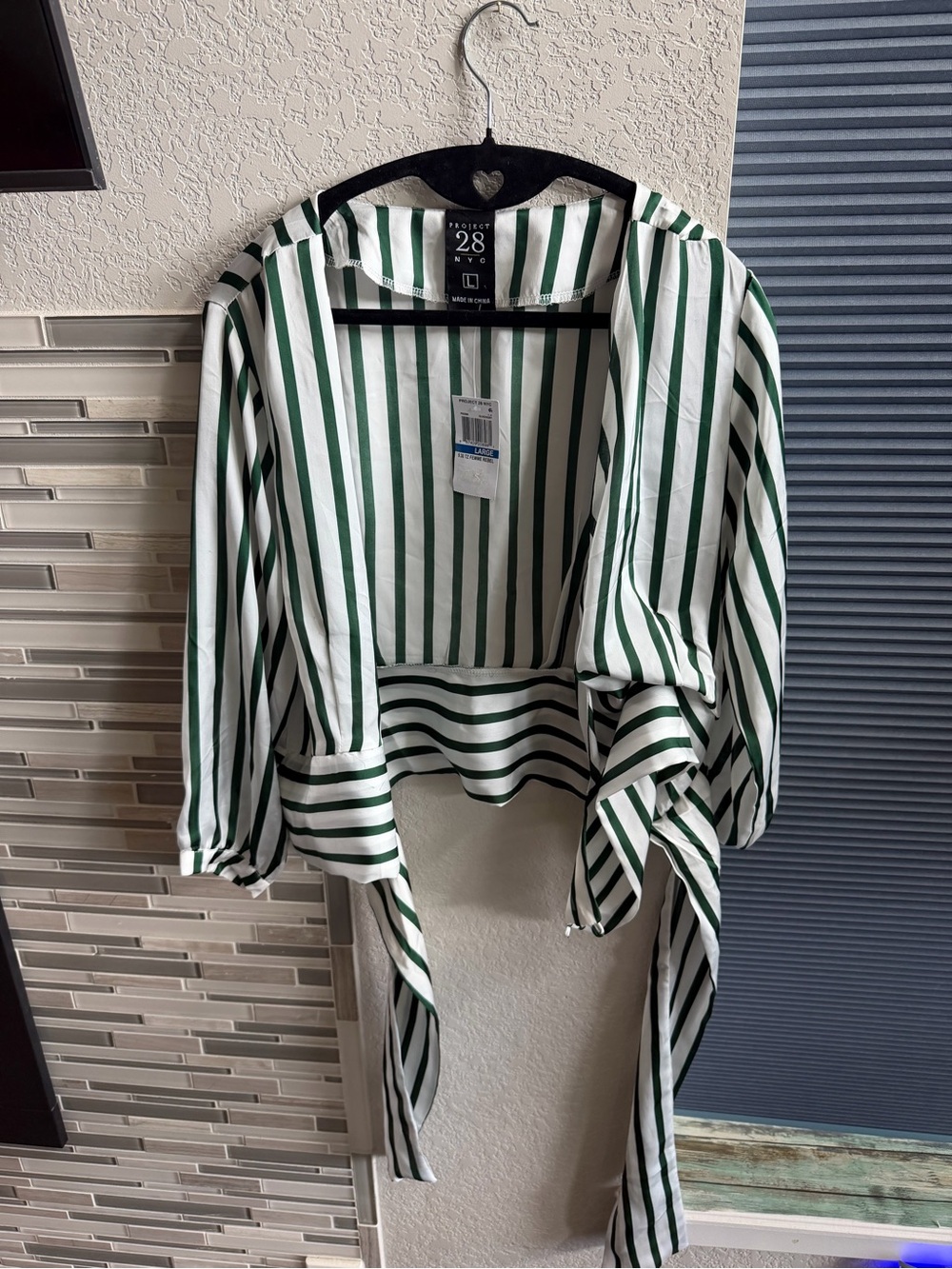 Project 28 NYC Silk Green & White Vertical Stripe Wrap Around Crop Shirt